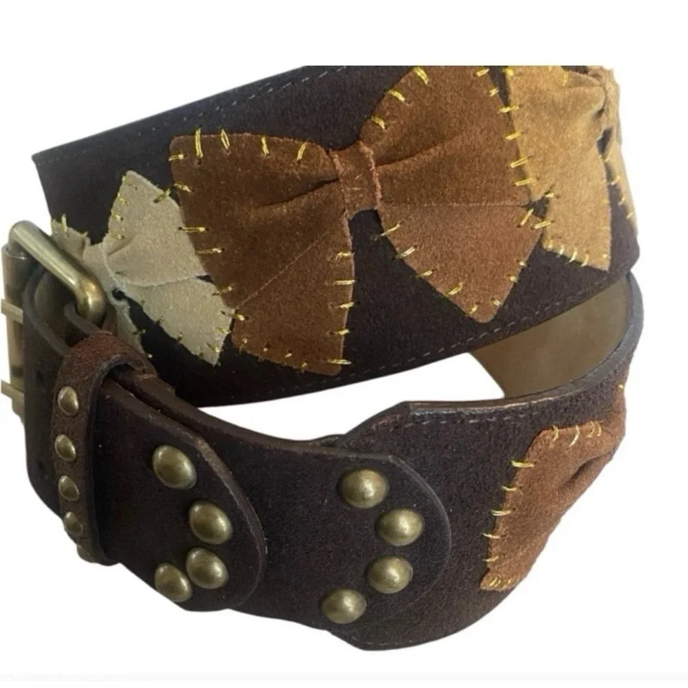 Betsey Johnson Genuine Leather Suede Bow Belt Rare Statement Brown Size M‎ 32–34